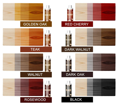 Smooth As Silk Water Based Wood Stain For Indoor And Outdoor Projects Fast Drying With Zero Fumes Non Toxic Low Odor Formula In Rich Red Cherry color samples and bottles.