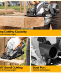 Heavy Duty 20V Cordless Circular Saw Arrives Loaded With Reliable Battery And Plug Pack Pushing A Robust 4500 Rpm No Load Speed, Fluid Bevel Swings, And Dead Center Cuts For Beat The Clock Builds, showcasing deep cutting and bevel capabilities.
