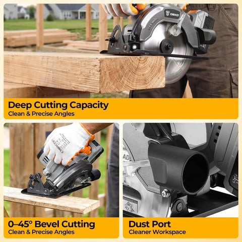 Heavy Duty 20V Cordless Circular Saw Arrives Loaded With Reliable Battery And Plug Pack Pushing A Robust 4500 Rpm No Load Speed, Fluid Bevel Swings, And Dead Center Cuts For Beat The Clock Builds, showcasing deep cutting and bevel capabilities.
