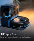 FurForce Robot Vacuum And Mop with self-empty base, docked, showcasing LiDAR Navigation and 60-day dust collection system.