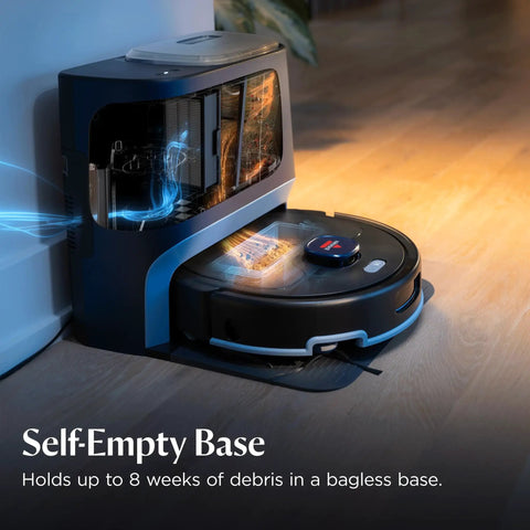 FurForce Robot Vacuum And Mop with self-empty base, docked, showcasing LiDAR Navigation and 60-day dust collection system.