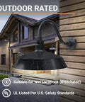Outdoor Gooseneck Barn Light Fixture Satin Black With 17 Inch Shade And 14.5 Inch Extension Arm on exterior wall