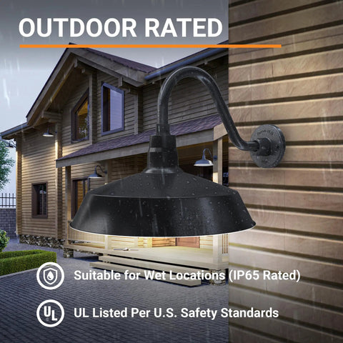 Outdoor Gooseneck Barn Light Fixture Satin Black With 17 Inch Shade And 14.5 Inch Extension Arm on exterior wall