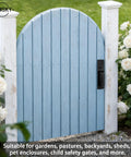 Top Shelf Thumb Press Gate Latch With Slick Grip Handle Rock Solid Black Metal Yard Lock For Outdoor Fence Backyard Pool Gate shown on blue wooden gate.