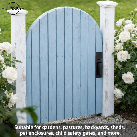 Top Shelf Thumb Press Gate Latch With Slick Grip Handle Rock Solid Black Metal Yard Lock For Outdoor Fence Backyard Pool Gate shown on blue wooden gate.