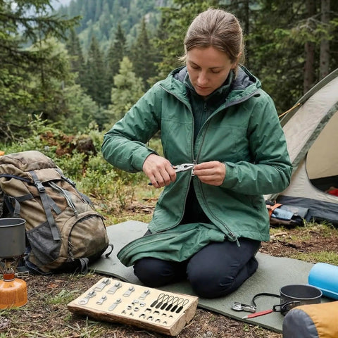 Person using Three In One Zipper Repair Kit With Anti Slip Lock Sliders And Replacement Pulls in a campsite setting
