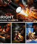 Ultra Bright 3000 Lumen LED Flashlight With Ignition Lens Fire Starter illuminating campfire scenes.