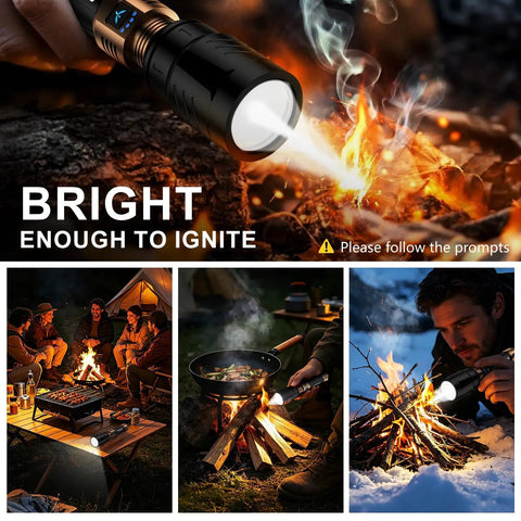 Ultra Bright 3000 Lumen LED Flashlight With Ignition Lens Fire Starter illuminating campfire scenes.
