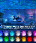 Nebula Star Projector For Bedroom With Bluetooth Speaker, Timer, Remote Control illuminating a colorful night sky indoors.