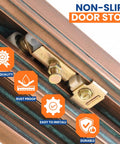 Sliding Door Stop Set Of 2 For Pocket And Bi-Passing Doors, Universal Track Stopper shown in gold on track, non-slip features highlighted