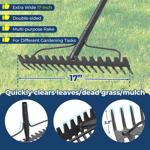 Extra Wide 17 Inch Double Sided Garden Rake, Heavy Duty Stainless Steel for Mulching Soil Prep, Yard Cleanup Features and Dimensions