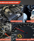 Hella Reliable Electric Coolant Water Pump Swap Compatible With Toyota Camry And Avalon 2018 Through 2021 2.5 Liter Engine Cooling Assembly dead simple fix image showing overheating symptoms and coolant leakage.