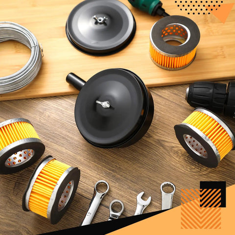 Two Half Inch Thread Air Compressor Silencers With Six Intake Filter Elements To Keep Noise Down Replacement Parts For Generators Blowers And Exhaust Ports on wooden surface with tools