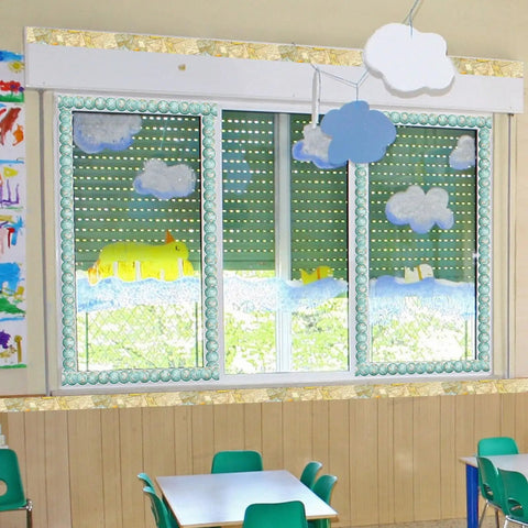 Classroom window with Travel The Map Bulletin Board Border With Globes For Classroom And Home Office Decor wall decals and clouds.