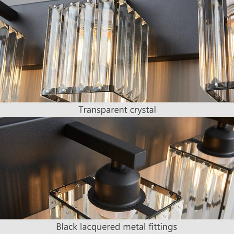Modern Black Crystal Bathroom Vanity Light 4 Lights Wall Fixture With Clear K9 Crystals Metal Structure Moisture Resistant Sleek Lux Look For Your Bath Vanity highlighting transparent crystal and black metal fittings.