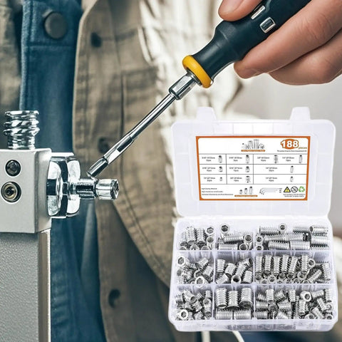 Built Tough Wood Threaded Insert Socket Bolts With Hex Wrench For No Sweat Pre Drilled Frame Assembly and Smooth Decorative Panel Hardware Quick Swap Setup in a toolkit.