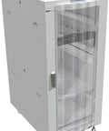 Heavy Duty 42U Server Cabinet With Smooth Rolling Casters Locking Door LCD Screen Cooling Fans Smart Thermo System Plug And Play Powerbar Top Shelf Adjustable Mounting Rails Badass Setup For Rack Hardware 24 X 35 X 84 Inches, front view with transparent door panels.