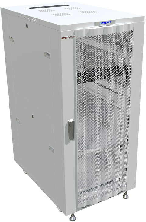 Heavy Duty 42U Server Cabinet With Smooth Rolling Casters Locking Door LCD Screen Cooling Fans Smart Thermo System Plug And Play Powerbar Top Shelf Adjustable Mounting Rails Badass Setup For Rack Hardware 24 X 35 X 84 Inches, front view with transparent door panels.