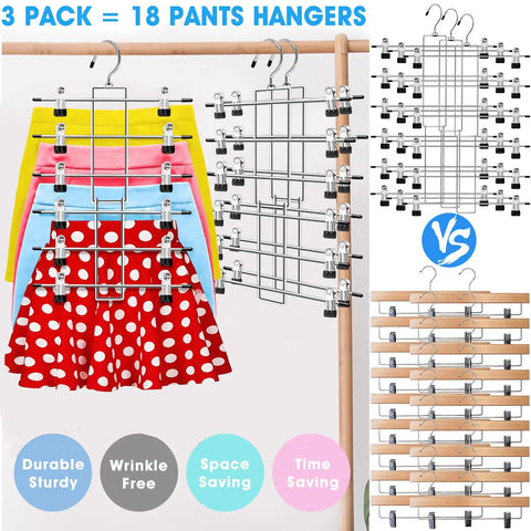 Three Pack Closet Organizers With Six Tier Pants Hangers With Clips For Space Saving Wardrobe Organization showcasing colorful skirts.