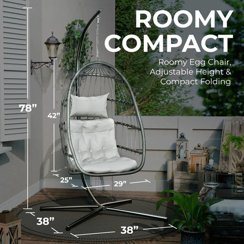 Hanging Egg Chair with Stand for Indoor Outdoor Chill, Plush Washable Cushions, 350 Lbs Capacity, in garden setting