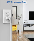 Power Strip Workhorse With Surge Protection and Mountable Design, 6 Foot Extension Cord, plugged into a wall near a chair and TV.