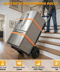 Heavy Duty Electric Stair Climbing Dolly With 1500W Motor Brings The Heavy Load Up And Down Stairs Smoothly Featuring Anti Slip Tires and a refrigerator being moved up stairs.