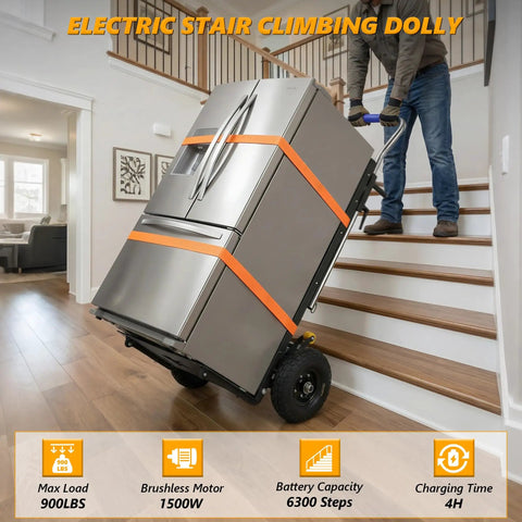 Heavy Duty Electric Stair Climbing Dolly With 1500W Motor Brings The Heavy Load Up And Down Stairs Smoothly Featuring Anti Slip Tires and a refrigerator being moved up stairs.