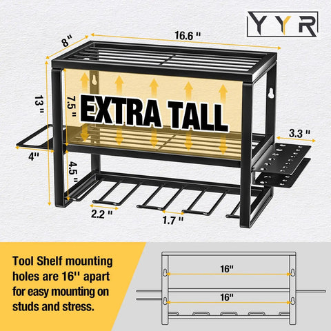 Diagram of Heavy Duty Power Tool Organizer Wall Mount Cordless Drill Hanger Storage Rack Battery Tools Holder with dimensions.
