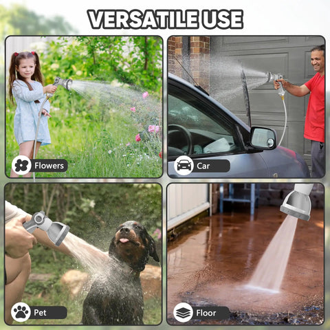 Heavy Duty Retractable Garden Hose Reel With 100 Ft Of Half Inch Hose in use watering flowers, washing car, cleaning dog, spraying floor