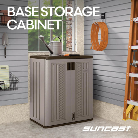 36-Inch Resin Base Garage Storage Cabinet In Platinum, garage-ready, corner fit, with double wall construction, tools on top.