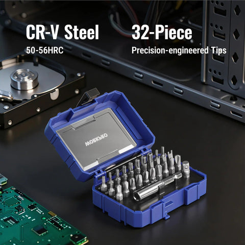 Ultimate 32-Piece Security Bit Set With Tamper Proof Torx Driver Tools, Heavy Duty Hex U-Type Tri-Wing Clutch Bits Made From Heat Treated Cr-V Steel With Magnetic Holder Case, open case