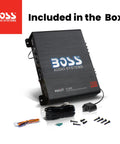 R1100M Monoblock Car Amplifier With 1100 Max Watts At 2 Ohms, 2 Ohm Stable, shown with installation accessories