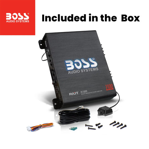 R1100M Monoblock Car Amplifier With 1100 Max Watts At 2 Ohms, 2 Ohm Stable, shown with installation accessories