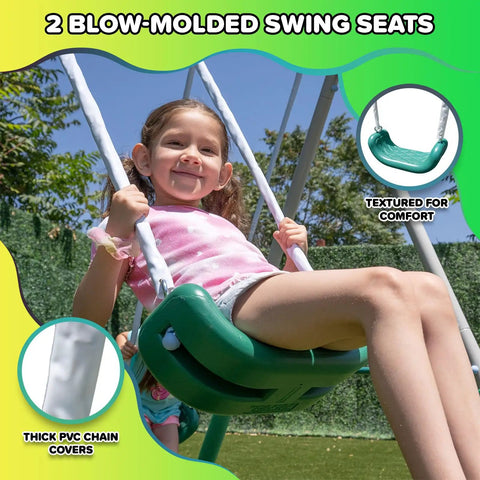 Child on Northridge Metal Swing Set With Five Seat Swing 500 Lb Capacity 32 Inch Saucer Swing Two Blow Molded Swings And Five Foot Slide