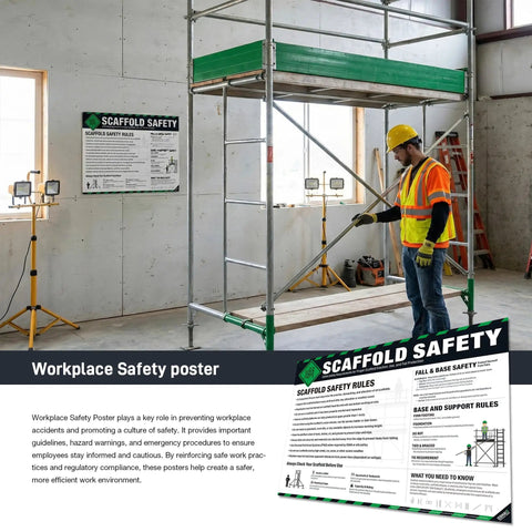 Must Have Scaffold Safety Poster For Job Sites OSHA 1926 Subpart L Fall Protection Base And Support Requirements Construction Site Safety Training Chart displayed on wall near scaffolding setup, 18x24 inches, durable material for workplace use