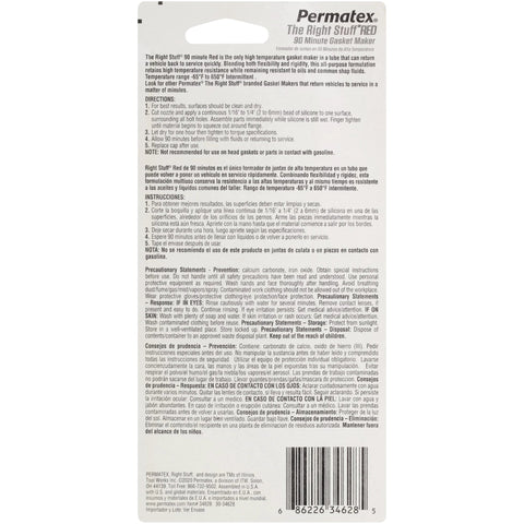 Back view of Permatex Right Stuff Red 90 Minute gasket maker packaging, 3 oz automotive gasket sealant