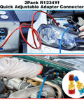 R1234yf To R134a Adapter Kit For Car AC Systems in use on vehicle with quick couplers, dual color red and blue hoses visible