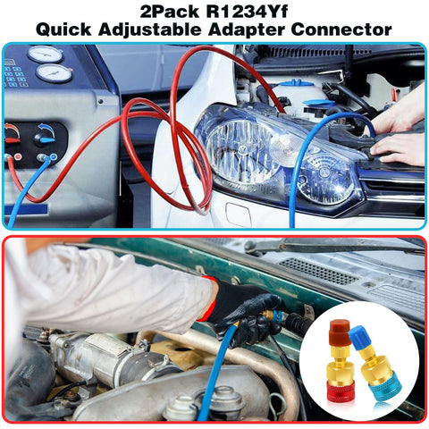 R1234yf To R134a Adapter Kit For Car AC Systems in use on vehicle with quick couplers, dual color red and blue hoses visible