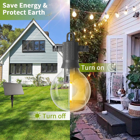 Solar Outdoor String Lights 50 Feet With 26 Edison G40 Bulbs IP65 Waterproof Patio Lights shown in garden setting