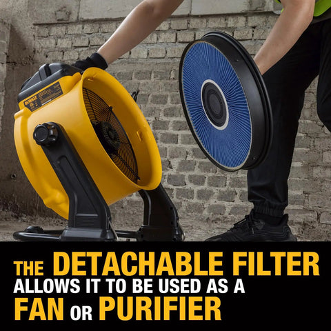 Person attaching filter to yellow Heavy Duty Floor Fan And Air Purifier Combo Delivers 4000 CFM for Garage Jobsite Warehouse.