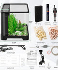 All In One 3.5 Gallon Betta Tank Starter Kit with filter, pump, heater, thermometer, LED, and water change kit components displayed