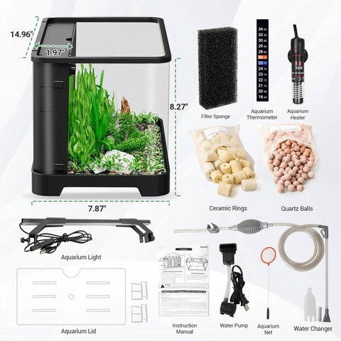 All In One 3.5 Gallon Betta Tank Starter Kit with filter, pump, heater, thermometer, LED, and water change kit components displayed