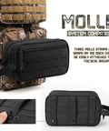 Tactical Toiletry Bag For Men EDC Hygiene Kit With Molle Pouches, black MOLLE straps, attached to camo backpack, 10.4 x 4.3 x 5.9 in