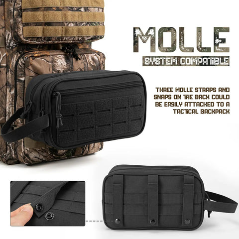 Tactical Toiletry Bag For Men EDC Hygiene Kit With Molle Pouches, black MOLLE straps, attached to camo backpack, 10.4 x 4.3 x 5.9 in