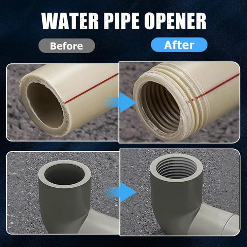 Water Pipe Opener image showing before and after results of threaded pipes for plumbing improvement.