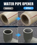 Before and after images of water pipe opener using Heavy Duty Carbon Steel Pipe Threading Tool For Electric Drill.