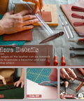 Eight Piece Leather Knife Kit With Edge Bevelers Groovers Cutter Skiving Knife Edge Slicker Burnisher And Sandalwood Tool displayed with leatherworking tools on a table.