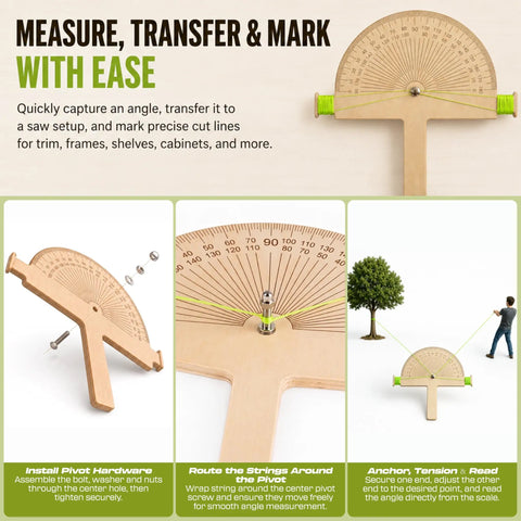 Premium Birch Wood Angle Finder Protractor With String Alignment showing 0-180 degree scale for precision carpentry and layout work.