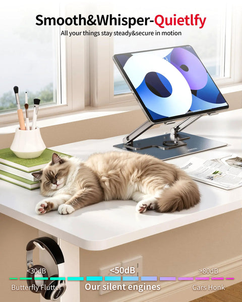 Electric Standing Desk With Adjustable Height And Memory Presets Heavy Duty Steel Base Rolling Casters For Office Gaming Home Setup 48X24 Inches White with a sleeping cat on it.