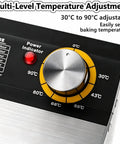 Straight Up Seriously Even Drying Stainless Steel Food Dehydrator With 8 Roomy Trays temperature control dial showing adjustments from 30°C to 90°C.